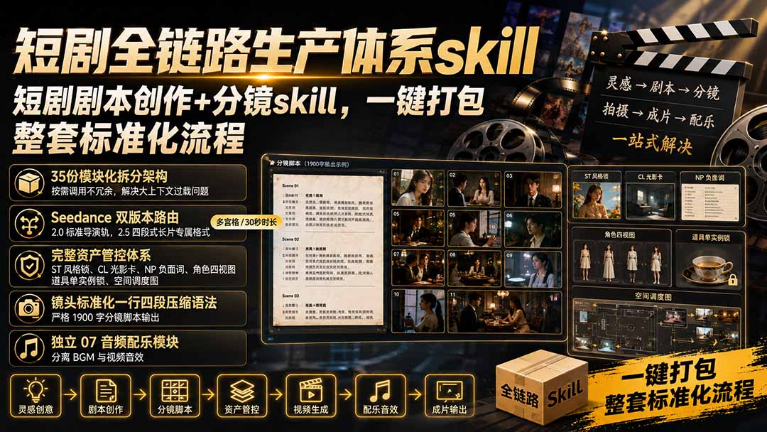 （19911期）短剧全链路生产体系skill，短剧剧本创作+分镜skill，一键打包，整套标准化流程-悟空知识星球