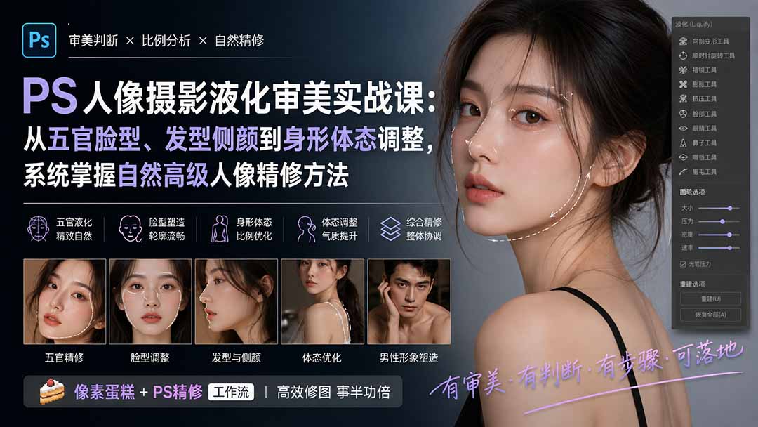 (20062期)PS人像摄影液化审美实战课:从五官脸型、发型侧颜到身形体态调整,系统掌握自然高级人像精修方法-悟空知识星球
