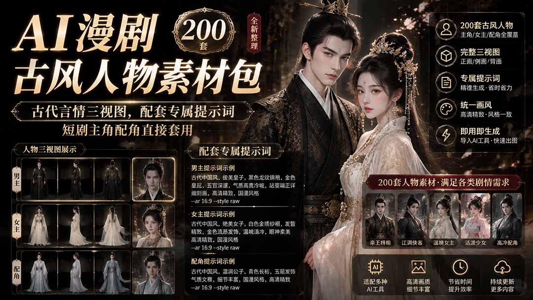 (19693期)AI漫剧古风人物素材包+提示词|200 套古代言情三视图,配套专属提示词短剧主角配角直接套用-悟空知识星球