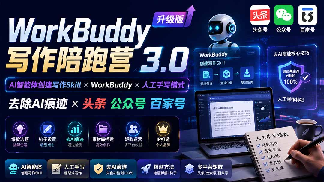(19920期)WorkBuddy写作陪跑营3.0-更新:Ai智能体创建写作Skill×WorkBuddy×人工手写模式×去除AI痕迹×头条公众号百家号-悟空知识星球