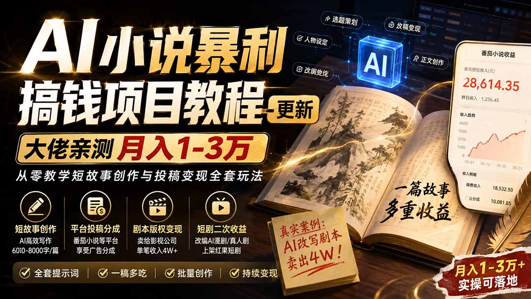 （20044期）AI小说暴利搞钱项目教程-更新，大佬亲测月入1-3万，从零教学短故事创作与投稿变现全套玩法-悟空知识星球