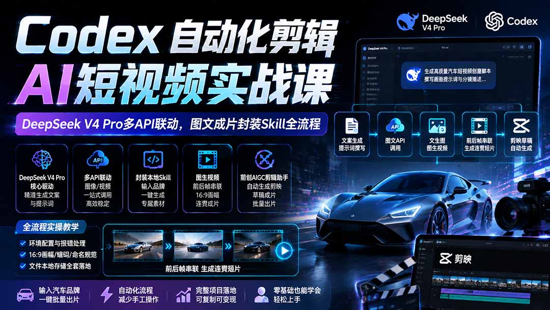 (19711期)Codex自动化剪辑AI短视频实战课|DeepSeek V4 Pro多API联动,图文成片封装Skill全流程-悟空知识星球