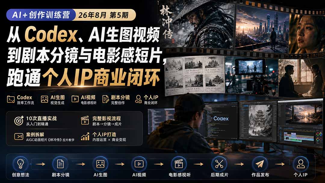 (20145期)AI+创作训练营26年8月第5期:从Codex、AI生图视频到剧本分镜与电影感短片,跑通个人IP商业闭环-悟空知识星球