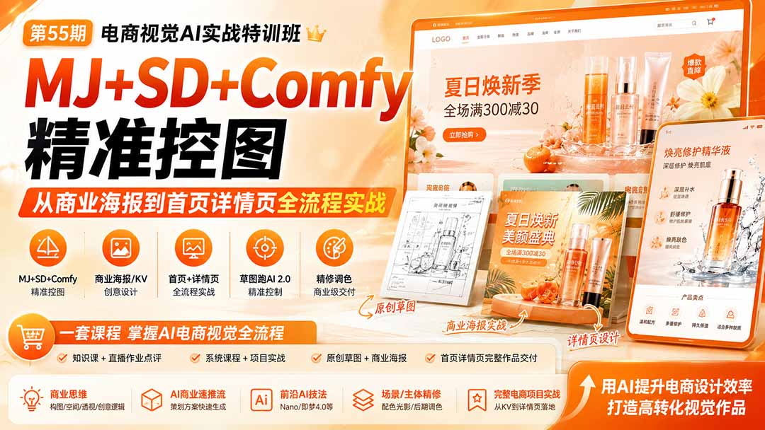 （20027期）电商视觉 AI实战训练营第55期：MJ+SD+Comfy精准控图，从商业海报到首页详情页全流程实战-悟空知识星球
