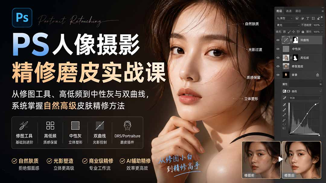 (20061期)PS人像摄影精修磨皮实战课:从修图工具、高低频到中性灰与双曲线,系统掌握自然高级皮肤精修方法-悟空知识星球