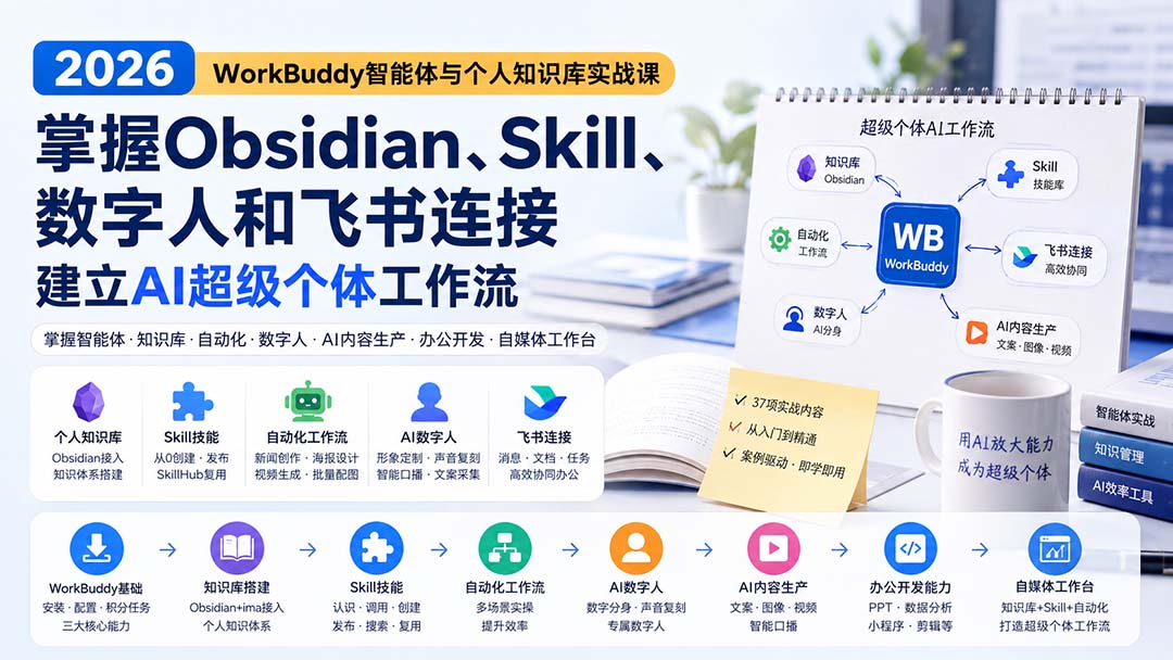 （20169期）2026 WorkBuddy智能体与个人知识库实战课：掌握Obsidian、Skill、数字人和飞书连接，建立AI超级个体工作流-悟空知识星球