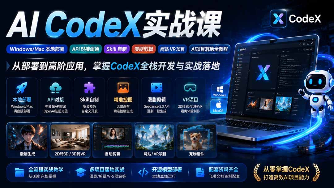 （19769期）AI  CodeX实战课｜Windows/Mac 本地部署｜API 对接调通｜Skill 自制｜漫剧剪辑｜网站 VR 项目｜AI项目落地全教程-悟空知识星球