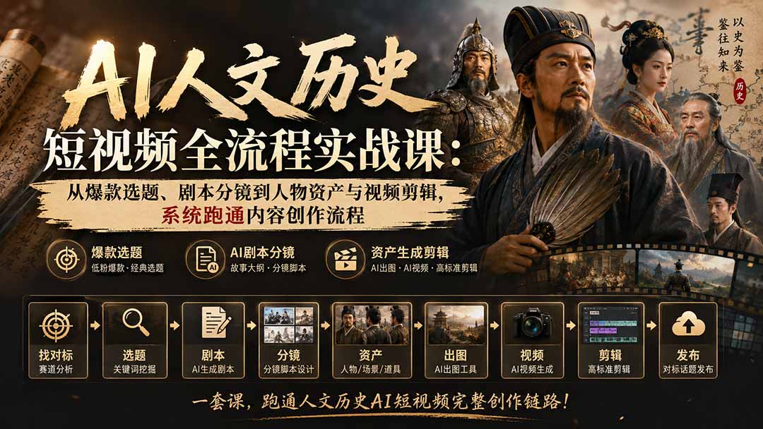(20074期)AI人文历史短视频全流程实战课:从爆款选题、剧本分镜到人物资产与视频剪辑,系统跑通内容创作流程-悟空知识星球