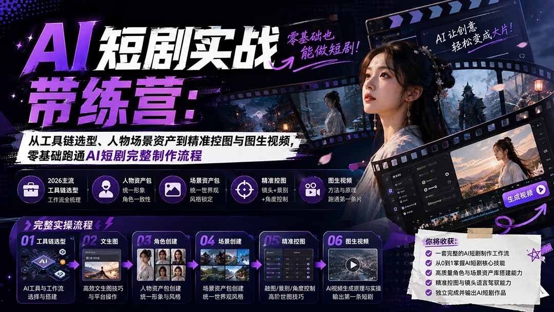 （20064期）AI短剧实战训练营：从工具链选型、人物场景资产到精准控图与图生视频，零基础跑通AI短剧完整制作流程-悟空知识星球