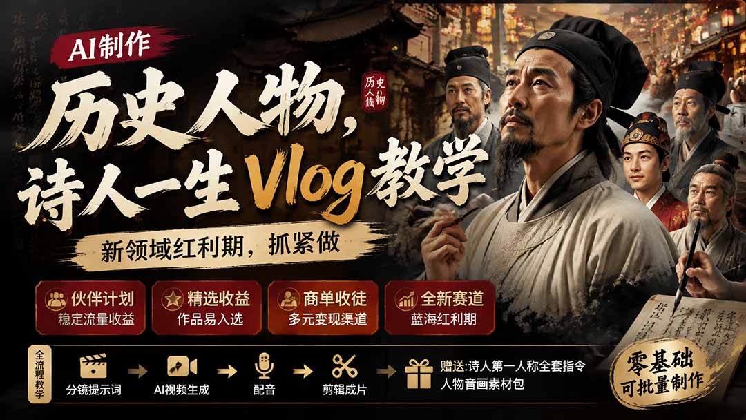 (19758期)历史人物,诗人一生Vlog教学, AI制作丨伙伴计划丨精选收益丨商单收徒 ,新领域红利期,抓紧做-悟空知识星球
