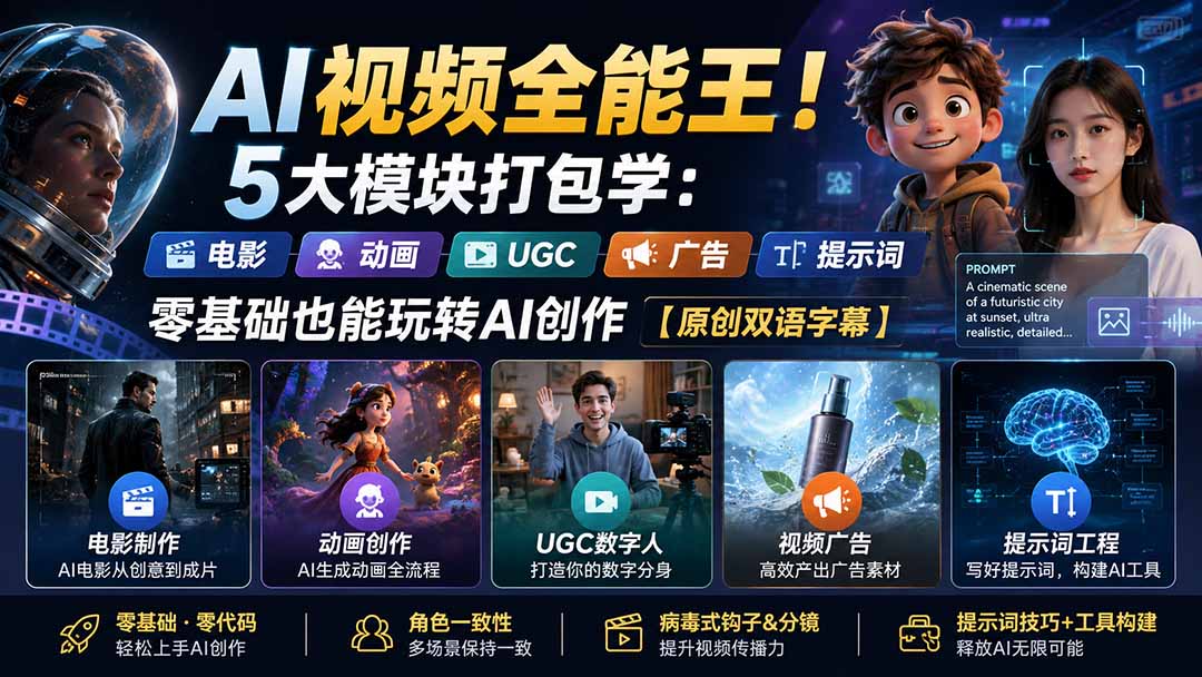(20048期)AI视频全能王!5大模块打包学:电影、动画、UGC、广告、提示词,零基础也能玩转AI创作【原创双语字幕】-悟空知识星球