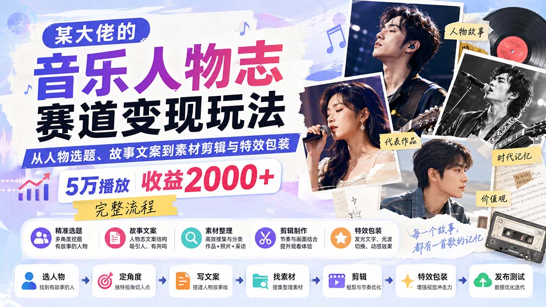 (20121期)某大佬的音乐人物志赛道变现玩法:从人物选题、故事文案到素材剪辑与特效包装,5万播放收益2000+完整流程-悟空知识星球