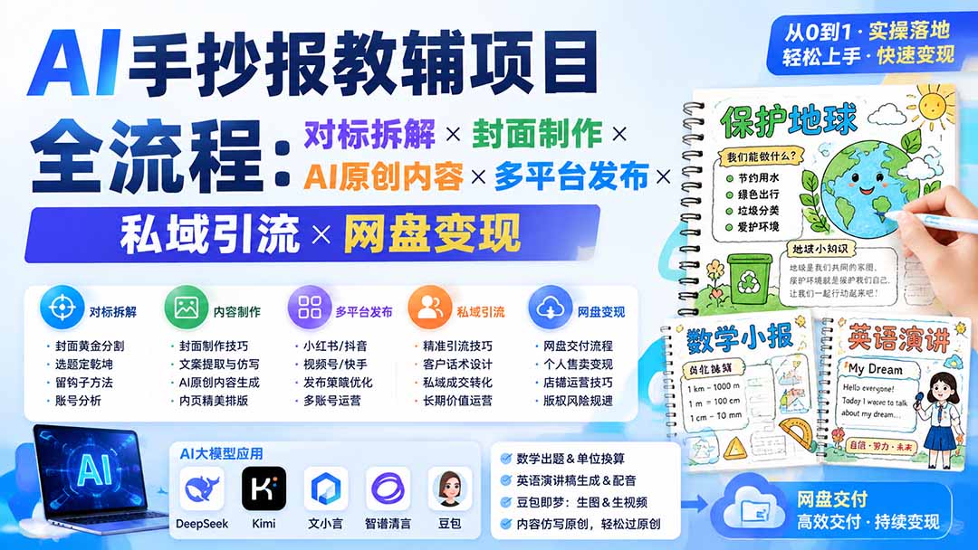 (19785期)AI手抄报教辅项目全流程:对标拆解×封面制作×AI原创内容×多平台发布×私域引流×网盘变现-悟空知识星球