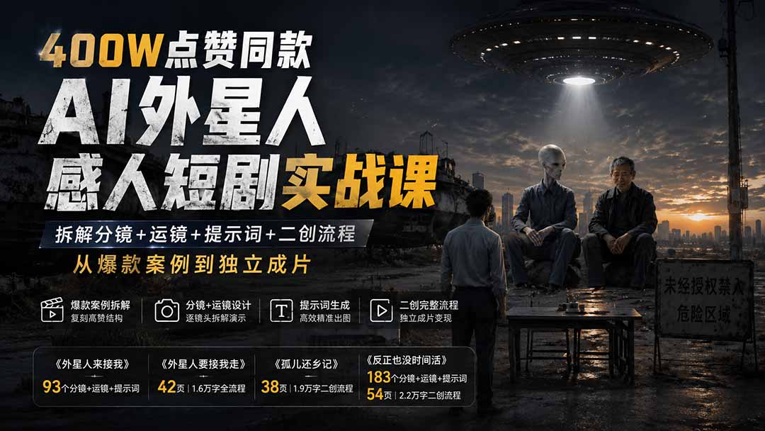 (20052期)400W点赞同款AI外星人感人短剧实战课:拆解分镜+运镜+提示词+二创流程,从爆款案例到独立成片-悟空知识星球