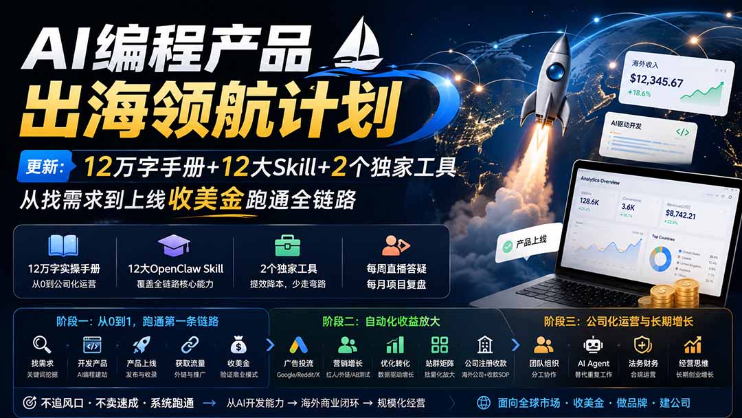 (20099期)AI编程产品出海领航计划-更新:12万字手册+12大Skill+2个独家工具,从找需求到上线收美金跑通全链路-悟空知识星球