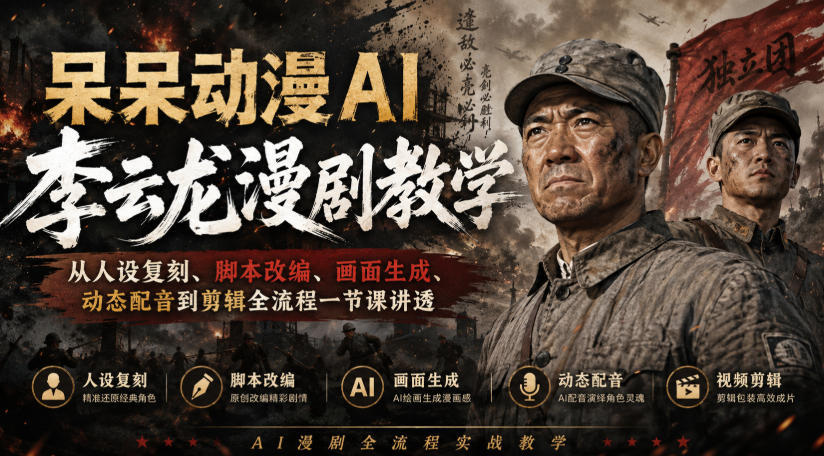 呆呆动漫AI李云龙漫剧教学,从人设复刻、脚本改编、画面生成、动态配音到剪辑全流程一节课讲透-悟空知识星球