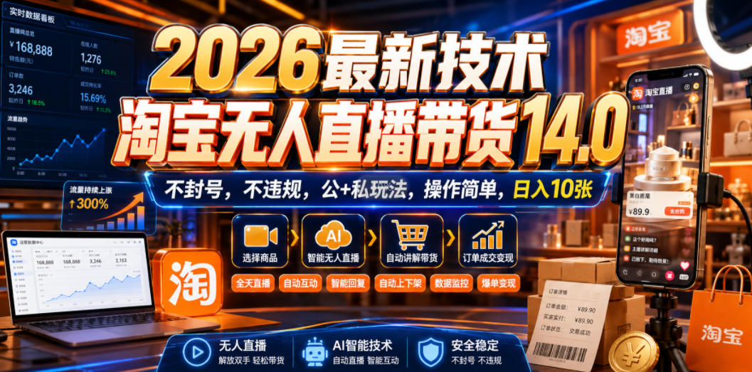 2026最新技术,淘宝无人直播带货14.0,不封号,不违规,公+私玩法,操作简单,日入10张【揭秘】-悟空知识星球