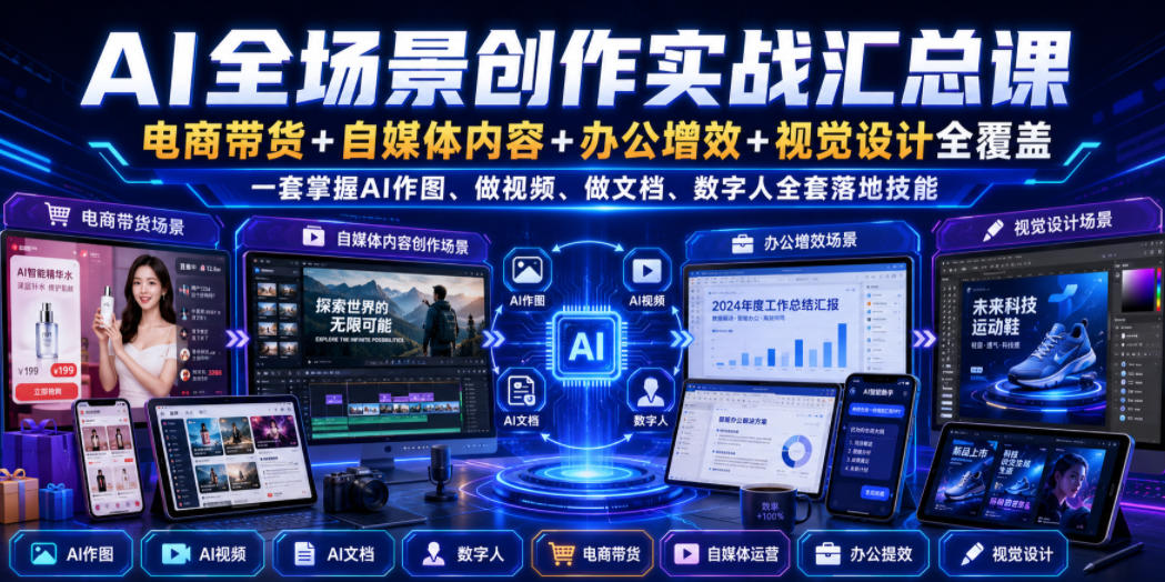 AI全场景创作实战汇总课|电商带货+自媒体内容+办公增效+视觉设计全覆盖,一套掌握AI作图、做视频、做文档、数字人全套落地技能-悟空知识星球