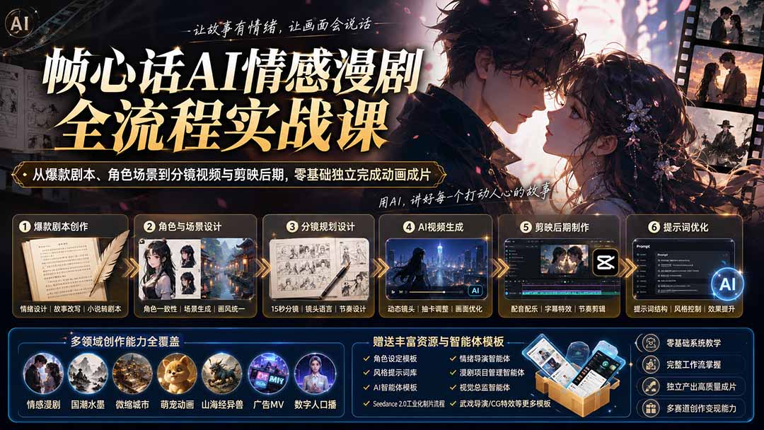 (20036期)帧心话AI情感漫剧全流程实战课:从爆款剧本、角色场景到分镜视频与剪映后期,零基础独立完成动画成片-悟空知识星球