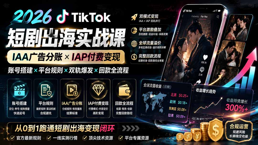 (19740期)2026TikTok短剧出海实战课:IAA广告分账×IAP付费变现×账号搭建×平台规则×双轨爆发×回款全流程-悟空知识星球