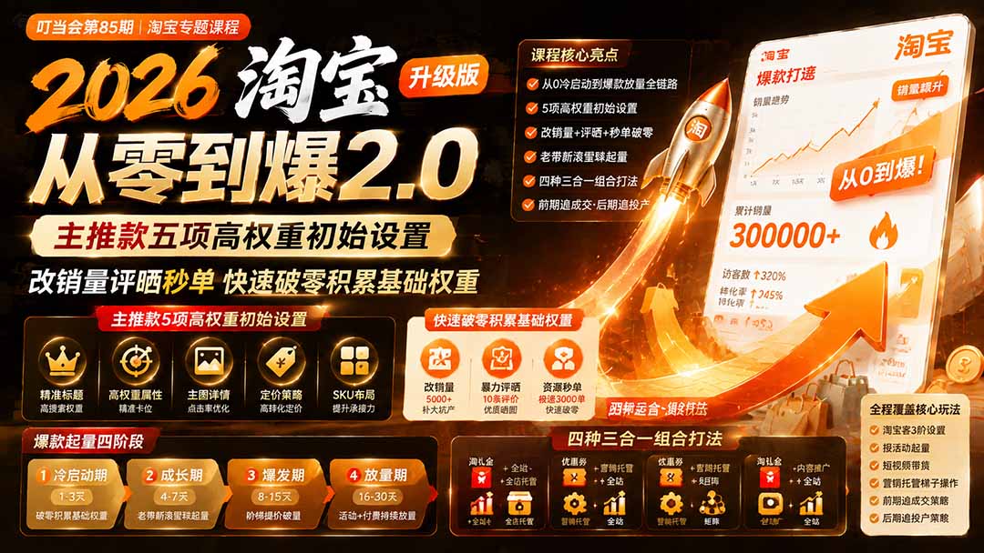 (19742期)2026淘宝从零到爆2.0第85期;主推款五项高权重初始设置,改销量评晒秒单快速破零积累基础权重-悟空知识星球