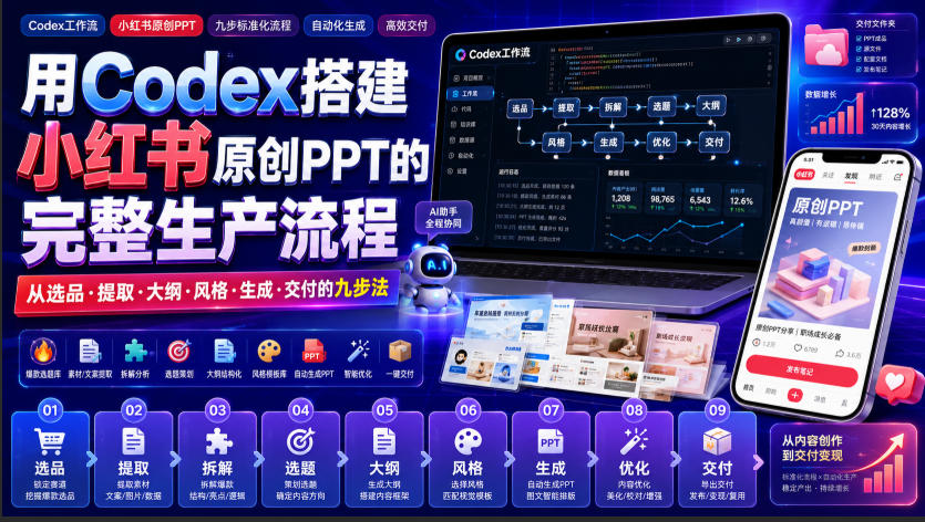 用Codex搭建小红书原创PPT的完整生产流程，从选品·提取·大纲·风格·生成·交付的九步法-悟空知识星球