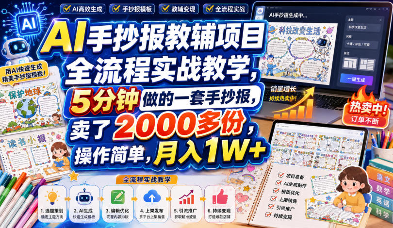 AI手抄报教辅项目全流程实战教学,5分钟做的一套手抄报,卖了2000多份,操作简单,月入1W+-悟空知识星球