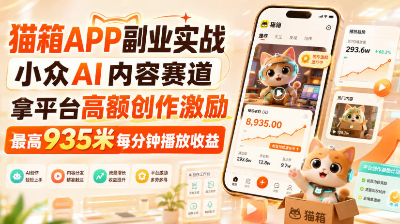 猫箱APP副业实战,小众AI内容赛道,拿平台高额创作激励,最高935米每分钟播放收益-悟空知识星球