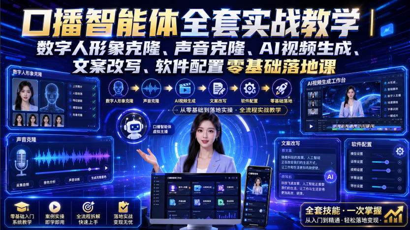 口播智能体全套实战教学｜数字人形象克隆、声音克隆、AI视频生成、文案改写、软件配置零基础落地课-悟空知识星球