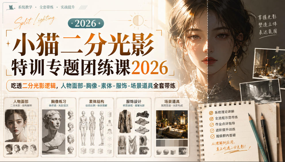 小猫二分光影特训专题团练课2026|吃透二分光影逻辑,人物面部‑胸像‑素体‑服饰‑场景道具全套带练,高清画质附赠课件与笔刷-悟空知识星球