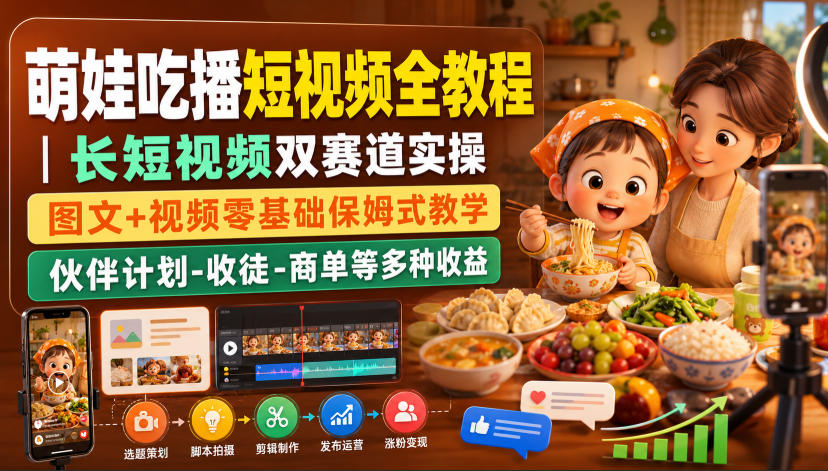 萌娃吃播短视频全教程|长短视频双赛道实操,图文+视频零基础保姆式教学,伙伴计划-收徒-商单等多种变现方式-悟空知识星球