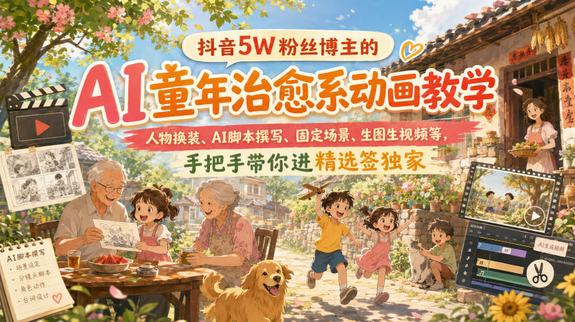 抖音5W粉丝博主的AI童年治愈系动画教学，人物换装、AI脚本撰写、固定场景、生图生视频等，手把手带你进精选签独家-悟空知识星球