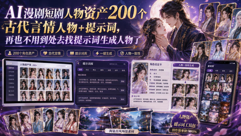 AI漫剧短剧人物资产200个古代言情人物+提示词,再也不用到处去找提示词生成人物了-悟空知识星球