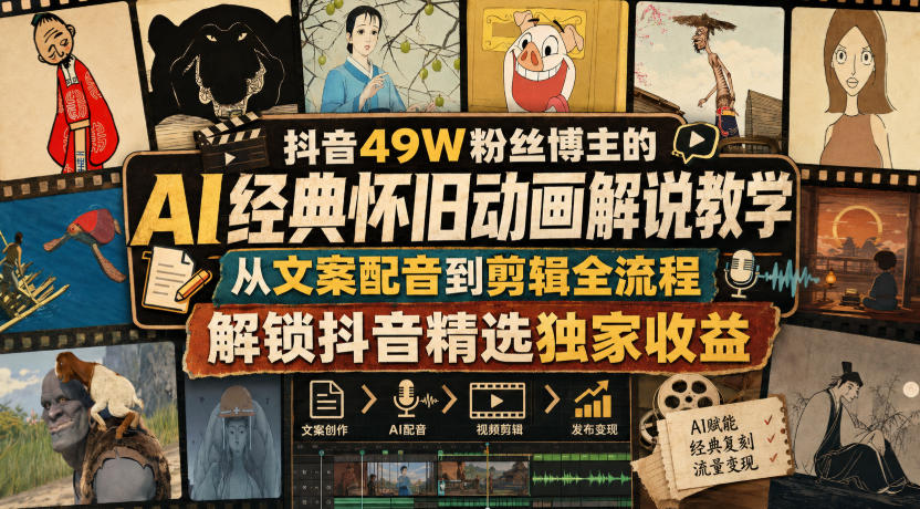抖音49W粉丝博主的AI经典怀旧动画解说教学,从文案配音到剪辑全流程,解锁抖音精选独家收益-悟空知识星球