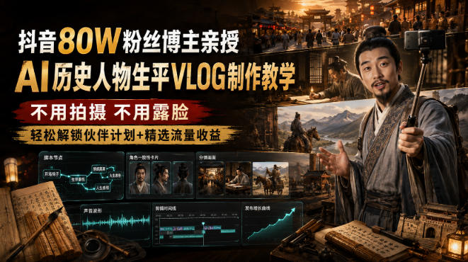 抖音80W粉丝博主的AI历史人物生平VLOG教学,不用拍摄不用露脸,AI帮你搞定,轻松解锁伙伴计划+精选收益-悟空知识星球