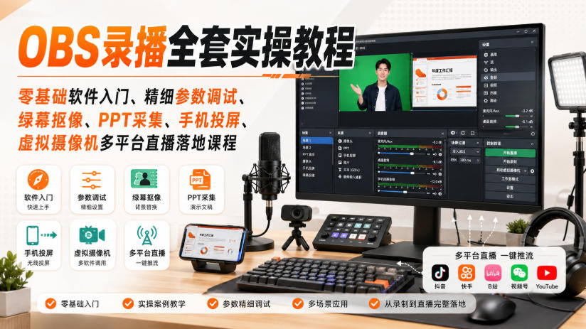 OBS录播全套实操教程｜零基础软件入门、精细参数调试、绿幕抠像、手机投屏、虚拟摄像机多平台直播落地课程-悟空知识星球