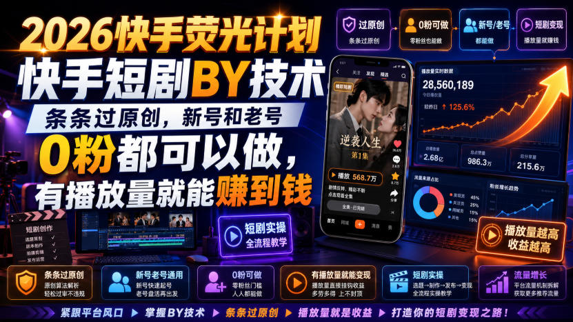 2026快手荧光计划,快手短剧搬运技术,条条过原创,新号和老号0粉都可以做,有播放量就能賺到钱-悟空知识星球