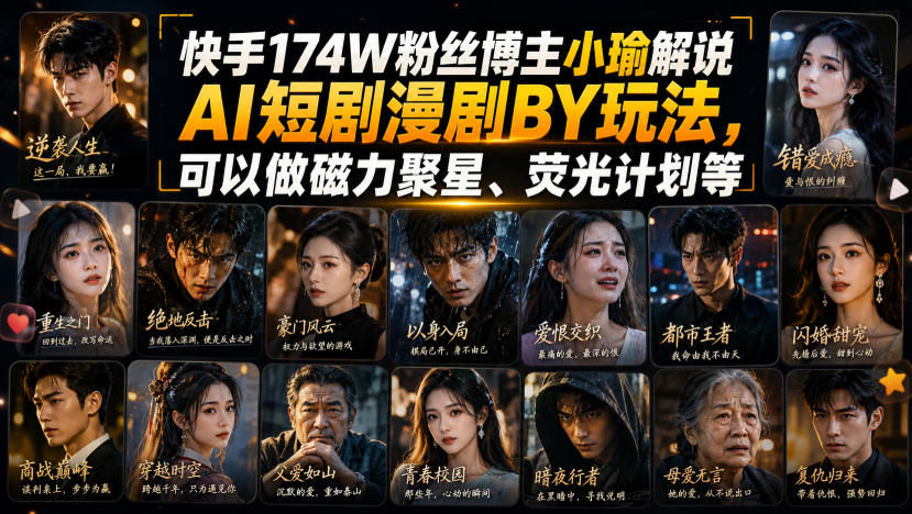 快手174W粉丝博主小瑜解说AI短剧漫剧搬运玩法,可以做磁力聚星、荧光计划等-悟空知识星球