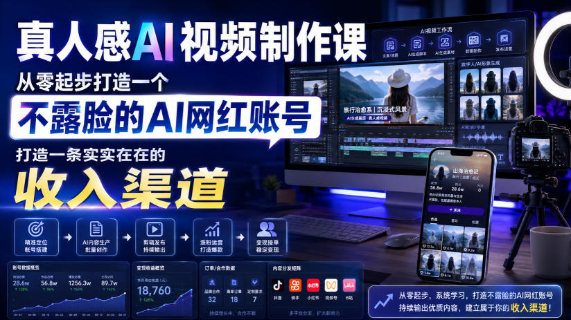 真人感AI视频制作课，从零起步打造一个不露脸的AI网红账号，打造一条实实在在的收入渠道【原创双语字幕】-悟空知识星球