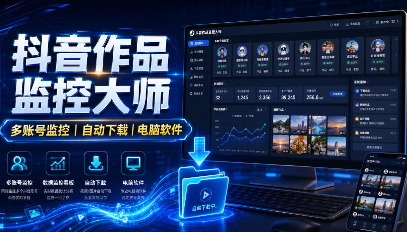 抖音作品监控大师,多账号监控丨自动下载丨电脑软件-悟空知识星球