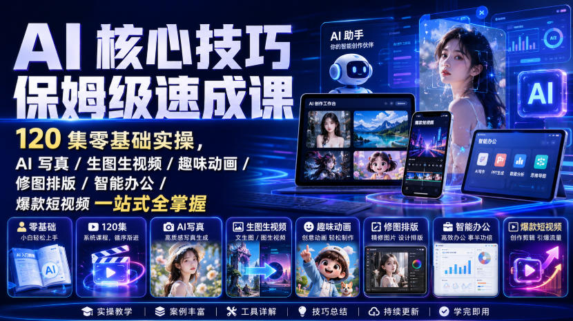 AI核心技巧保姆级速成课|120集零基础实操,AI写真/生图生视频/趣味动画/修图排版/智能办公/爆款短视频一站式全掌握-悟空知识星球