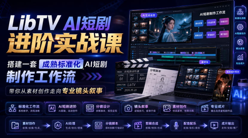 LibTV AI短剧进阶实战课,搭建一套成熟标准化AI短剧制作工作流,带你从素材创作走向专业镜头叙事-悟空知识星球