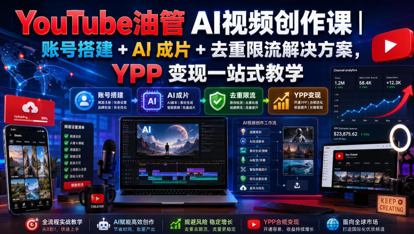 YouTube油管AI视频创作课｜账号搭建+AI成片+去重限流解决方案，YPP变现一站式教学-悟空知识星球