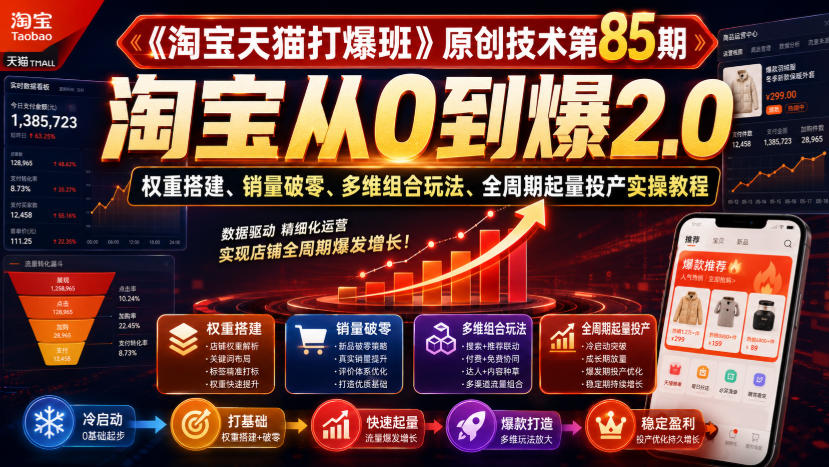 《淘宝天猫打爆班》原创技术第85期，淘宝从0到爆2.0，权重搭建、销量破零、多维组合玩法、全周期起量投产实操教程-悟空知识星球