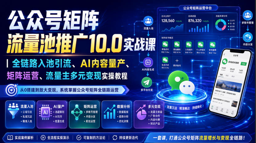 公众号矩阵流量池推广10.0实战课|全链路入池引流、AI内容量产、矩阵运营、流量主多元变现实操教程-悟空知识星球