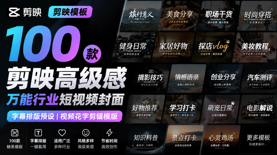 【剪映模板】100款剪映高级感万能行业短视频封面字幕排版预设视频花字剪辑模版-悟空知识星球