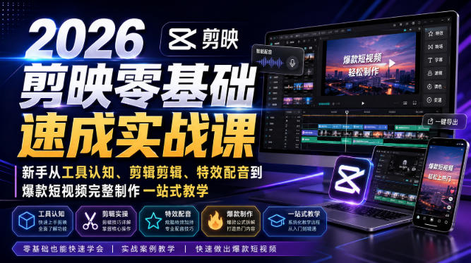 2026剪映零基础速成实战课｜新手从工具认知、剪辑剪辑、特效配音到爆款短视频完整制作一站式教学-悟空知识星球