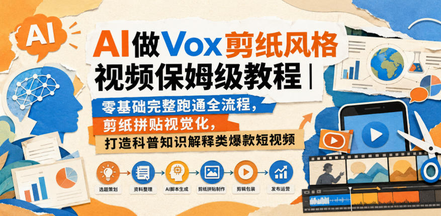 AI做Vox剪纸风格视频保姆级教程｜零基础完整跑通全流程，剪纸拼贴视觉化，打造科普知识解释类爆款短视频-悟空知识星球