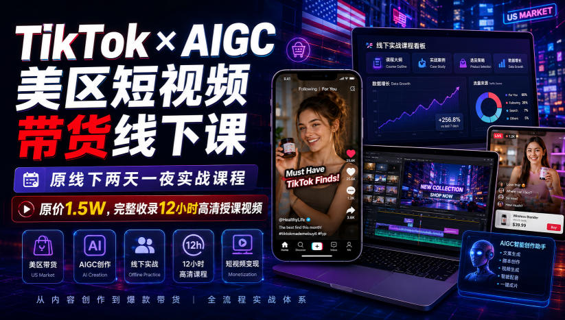 TikTok×AIGC美区短视频带货线下课,原线下两天一夜实战课程,原价1.5W,完整收录12小时高清授课视频-悟空知识星球