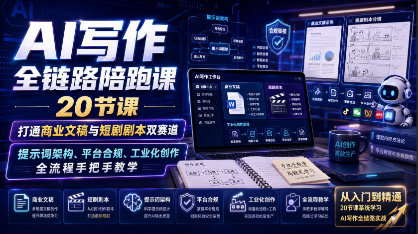 AI写作全链路陪跑课|20节课打通商业文稿与短剧剧本双赛道,提示词架构、平台合规、工业化创作全流程手把手教学-悟空知识星球